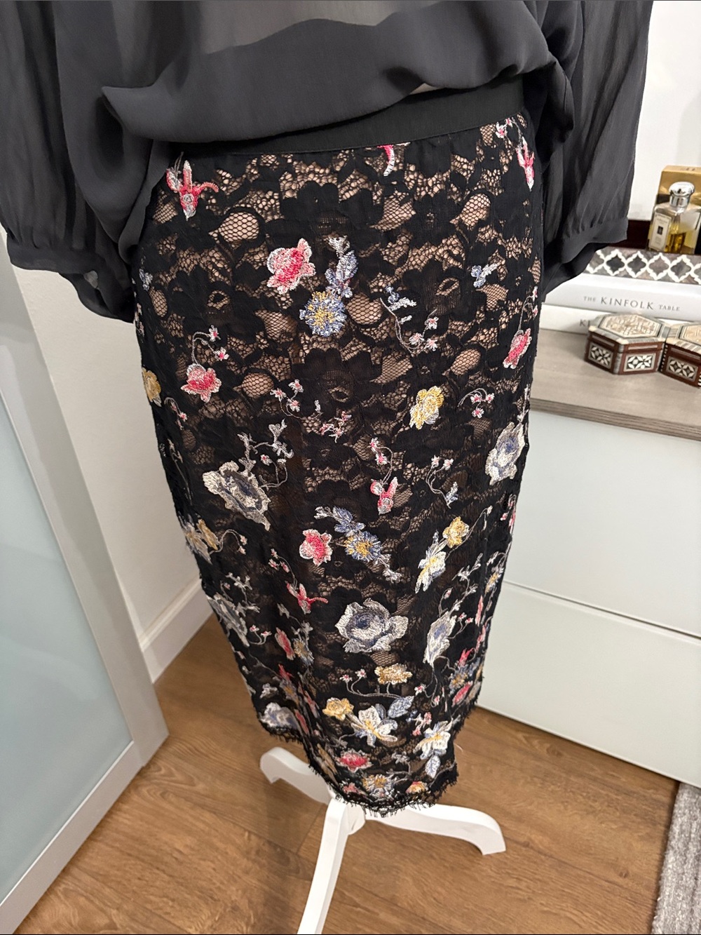 BCBGMaxAzria Black Lace Pencil Skirt with Floral Embroidery